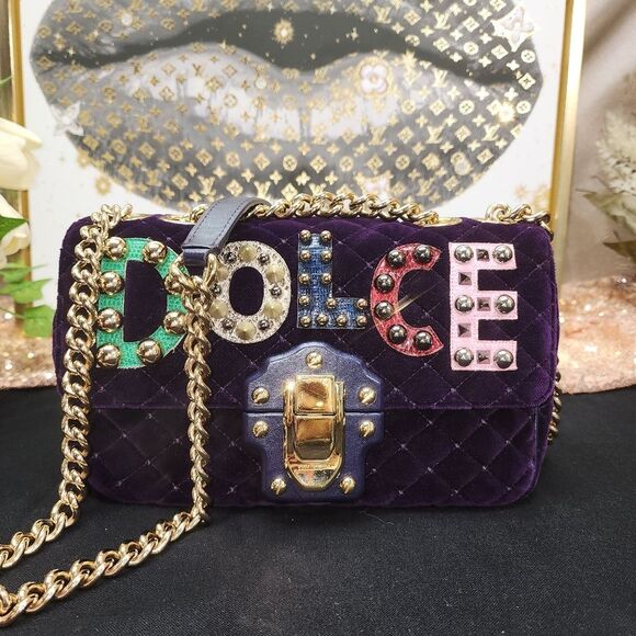 NWOT Dolce&Gabbana Lucia Studded Mixed-Media Velvet Shoulder Bag W/ Dust Bag - Picture 9 of 16